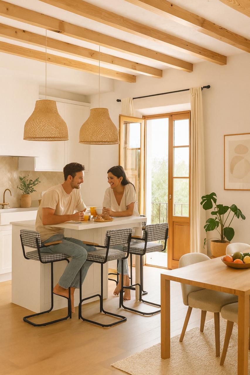 taburete vichy con brazos perfecto para cocina abiertas al salon. Taburete de diseño tapizado vichy. 